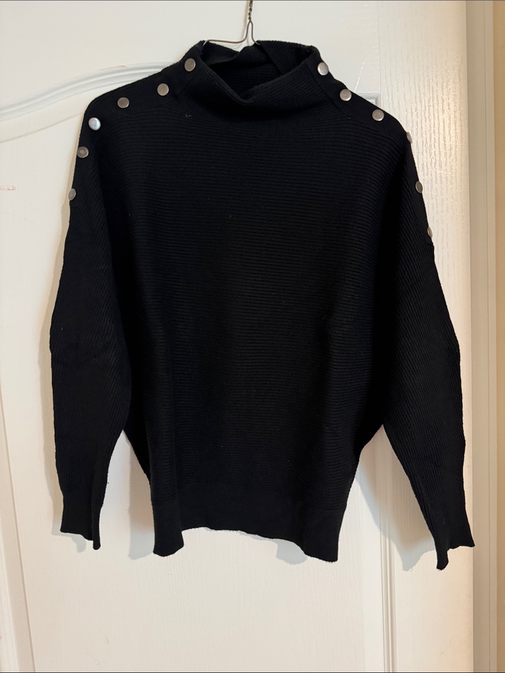 Women's Black Ribbed Snap-Shoulder Turtleneck Sweater